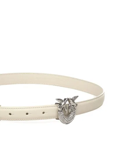 Pinko Leather Belt With Love Birds Buckle And Rhinestones In Neutral
