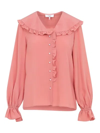 Chloé Bertha-collar Ruffle Button-down Silk Blouse In Pink