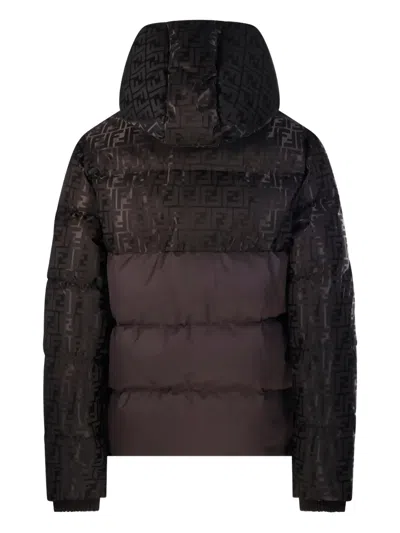 Fendi Women Brown Down Jacket With Drawstring Hood And Ff Motif In Tech Fabric Woman In Brown