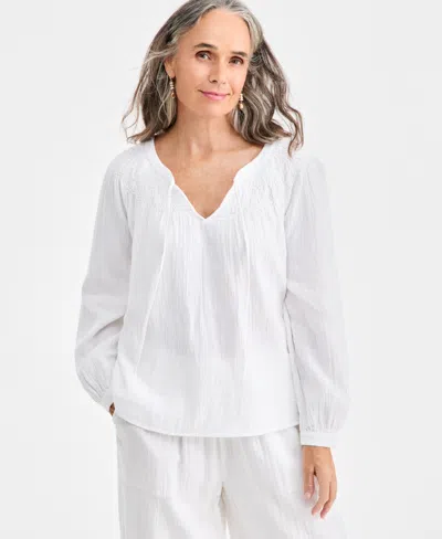 Style & Co Women's Cotton Smocked Split-neck Peasant Top, Macy's Exclusive In White