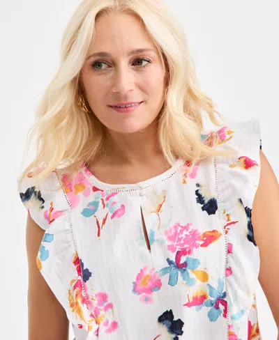 Style & Co Women's Floral-print Metallic-stripe Top, Macy's Exclusive In White