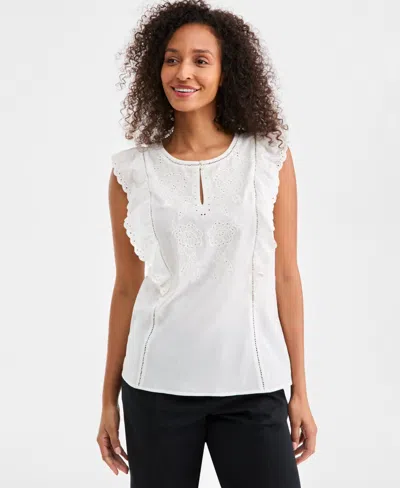 Style & Co Women's Cotton Eyelet-trim Flutter-sleeve Top, Macy's Exclusive In Brown