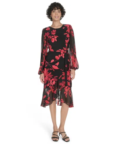 Tommy Hilfiger Petite Long-sleeve Chiffon Combo Midi Dress In Multi