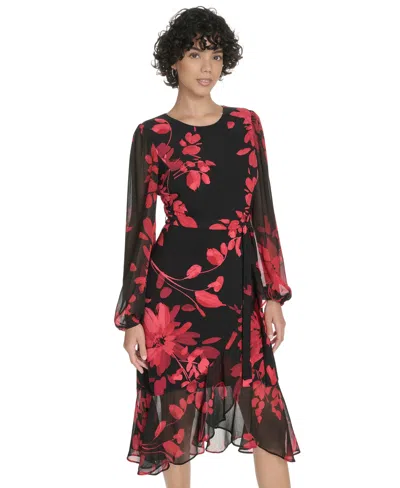 Tommy Hilfiger Petite Long-sleeve Chiffon Combo Midi Dress In Multi