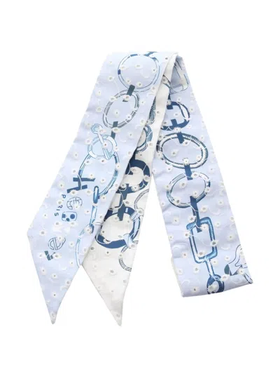 Pre-owned Hermes 2020s Do Re Boucles Broderie Anglaise Silk Scarf In Blue