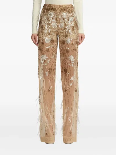 Ralph Lauren Sequined Feather-details Trousers In Brown