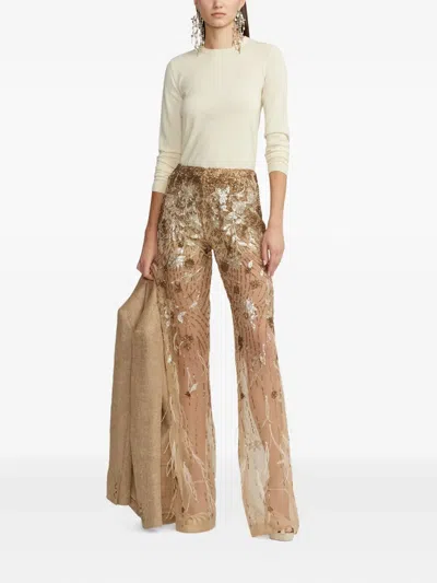 Ralph Lauren Sequined Feather-details Trousers In Brown