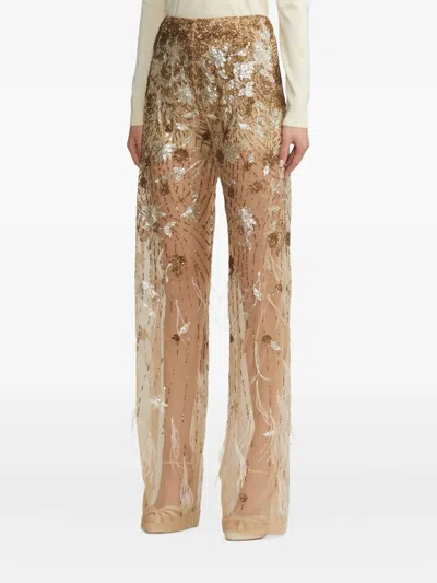 Ralph Lauren Sequined Feather-details Trousers In Brown