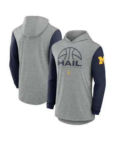 Jordan Men's Gray/navy Michigan Wolverines Basketball Color-block Tri-blend Dri-fit Long Sleeve Hoodie T-sh In Multi