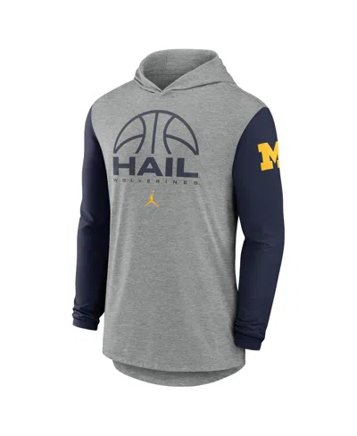 Jordan Men's Gray/navy Michigan Wolverines Basketball Color-block Tri-blend Dri-fit Long Sleeve Hoodie T-sh In Multi