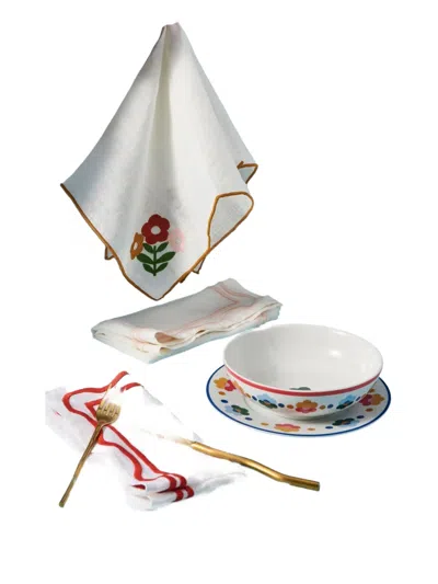 Misette Set-of-four Floral Embroidered Linen Napkins In White