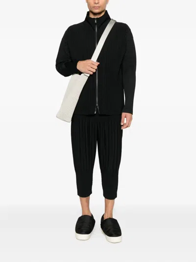 Issey Miyake Pleated Zipper Turtleneck Cardigan In Black