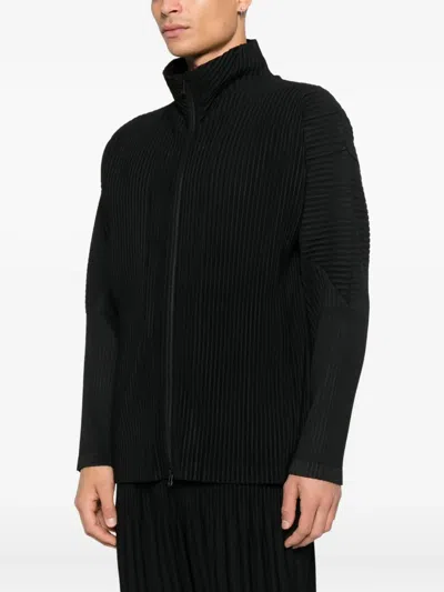 Issey Miyake Pleated Zipper Turtleneck Cardigan In Black