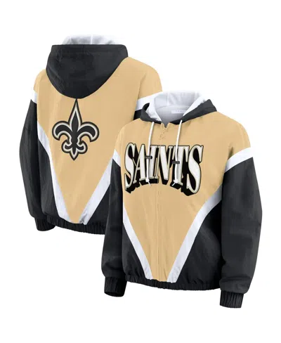 Wear By Erin Andrews Women's Gold/black New Orleans Saints Retro Crinkle Full-zip Hoodie Windbreaker In Multi