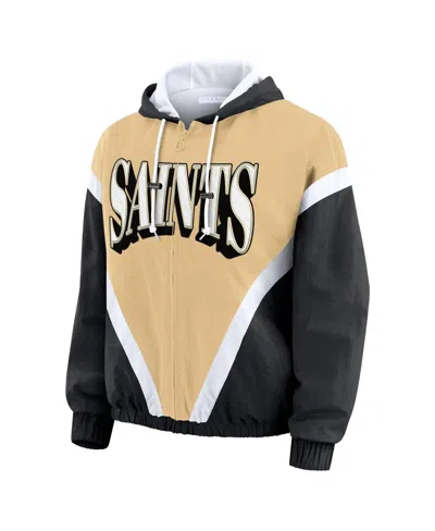 Wear By Erin Andrews Women's Gold/black New Orleans Saints Retro Crinkle Full-zip Hoodie Windbreaker In Multi