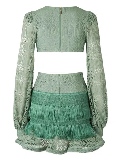 Patbo Fringeed Long-sleeve Mini Dress In Green