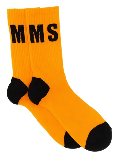 Msgm Embroidered-logo Socks In Orange