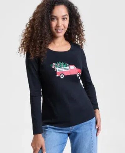 Holiday Lane Womens Kate Holiday Truck Long Sleeve Top S 4x Macys Exclusive In Black