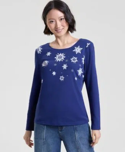Holiday Lane Womens Falling Snowflake Long Sleeve Top Pxs 4x Macys Exclusive