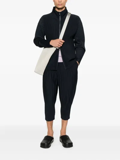 Issey Miyake Pleated Zipper Turtleneck Cardigan In Blue