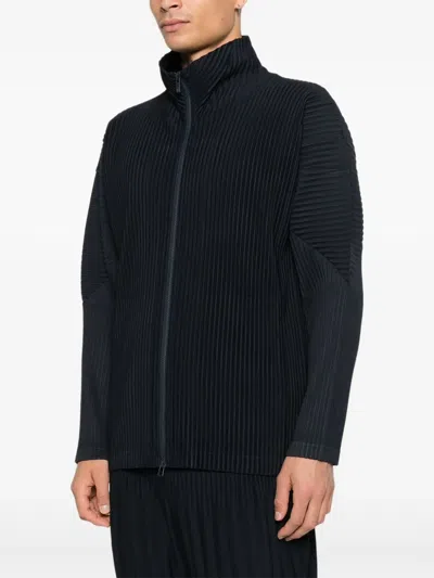 Issey Miyake Pleated Zipper Turtleneck Cardigan In Blue