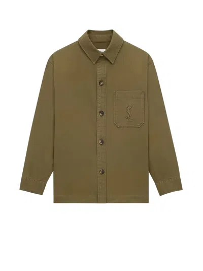 Saint Laurent Cotton Gabardine Cassandre Overshirt In Green