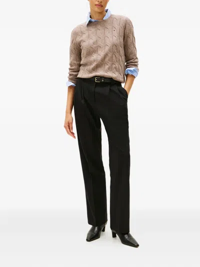 Tommy Hilfiger Cable Knit Wool Sweater With Ribbed Trim In Brown