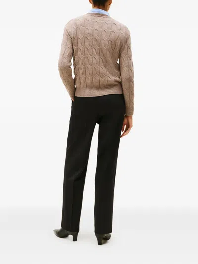 Tommy Hilfiger Cable Knit Wool Sweater With Ribbed Trim In Brown