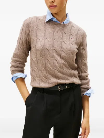 Tommy Hilfiger Cable Knit Wool Sweater With Ribbed Trim In Brown