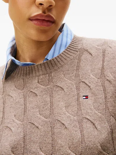 Tommy Hilfiger Cable Knit Wool Sweater With Ribbed Trim In Brown