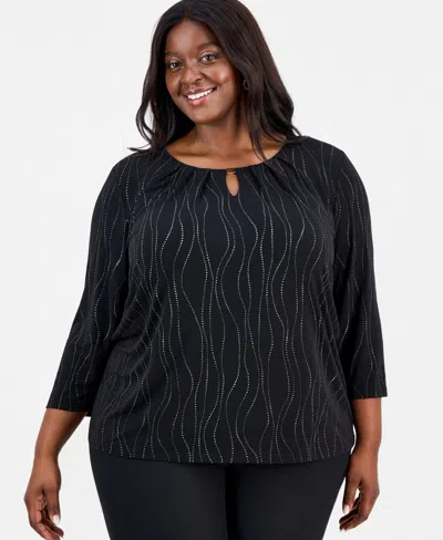 Kasper Plus Size 3/4-sleeve Pleated Keyhole Top In Black