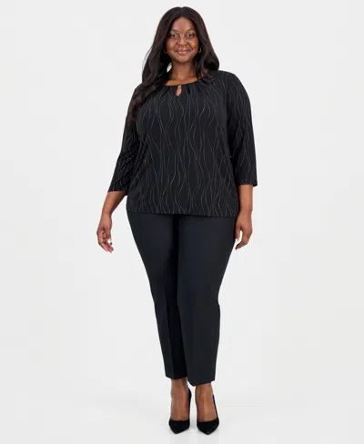 Kasper Plus Size 3/4-sleeve Pleated Keyhole Top In Black