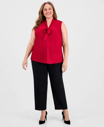 Kasper Plus Size Satin Tie-front Sleeveless Top In Red