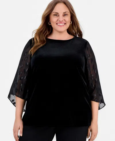 Kasper Plus Size Mixed-media Contrast-sleeve Blouse In Black