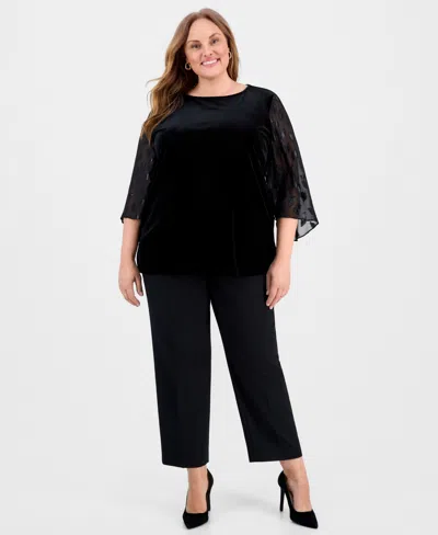 Kasper Plus Size Mixed-media Contrast-sleeve Blouse In Black
