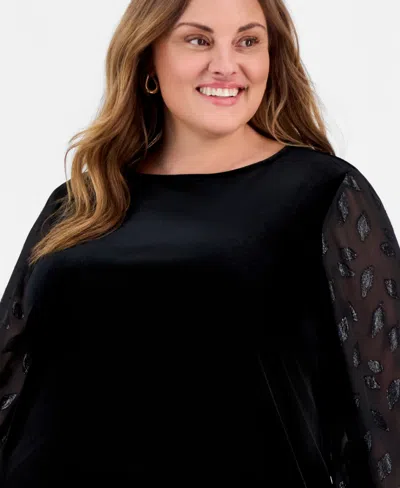 Kasper Plus Size Mixed-media Contrast-sleeve Blouse In Black