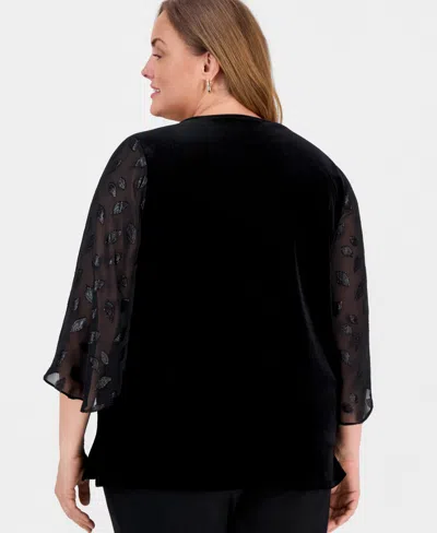 Kasper Plus Size Mixed-media Contrast-sleeve Blouse In Black