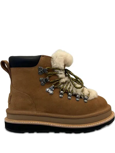 Ugg X Sacai Fur-trim Lace-up Ankle Boots In Brown