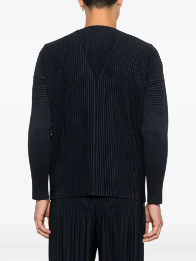 Issey Miyake Ribbed Texture V-neck Sweater With Long Sleeves In Blue