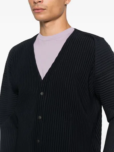 Issey Miyake Ribbed Texture V-neck Sweater With Long Sleeves In Blue
