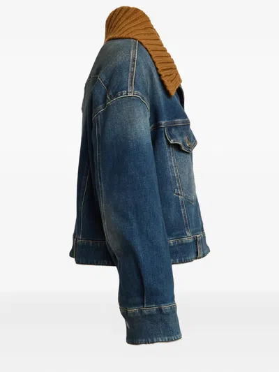 Dondup Denim Jacket With Rust-colored Knit Collar In Blue