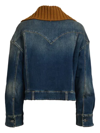 Dondup Denim Jacket With Rust-colored Knit Collar In Blue