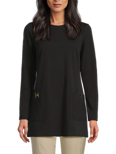 Halston Women's Logo Long Sleeve Tunic Top In Black