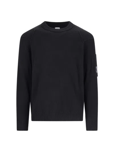 C.p. Company Crew Neck Knit Sweater With Raglan Sleeves And Logo Patch In Black