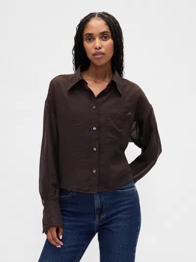 Gap Sheer Straight-hem Crop Shirt In Brown