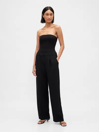 Gap Strapless Drop-waist Mixed Media Jumpsuit In Black