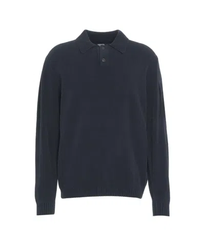 C.p. Company Fine Ribbed Long-sleeve Polo With Iconic Lens Detail In Blue