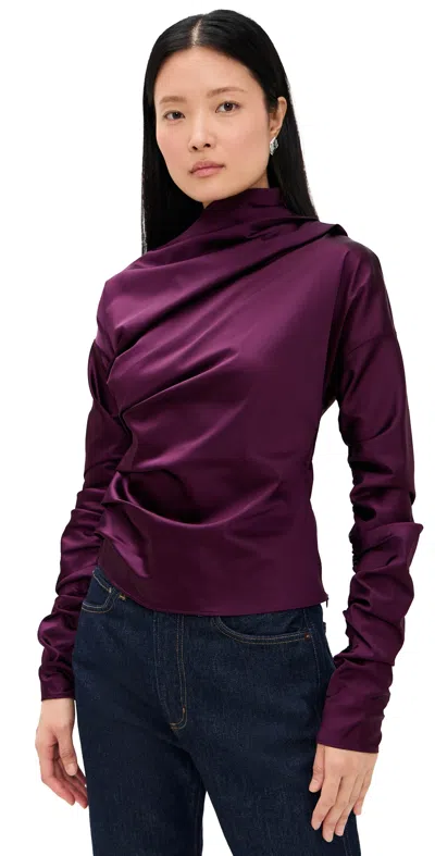 Ganni Satin Blouse With Draped Detail And High Neck In Burgundy