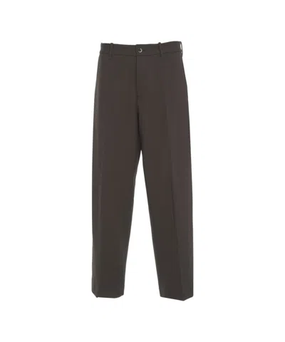 Nine In The Morning Tailored Olive Trousers With Pressed Pleats And Flap Pockets In Brown