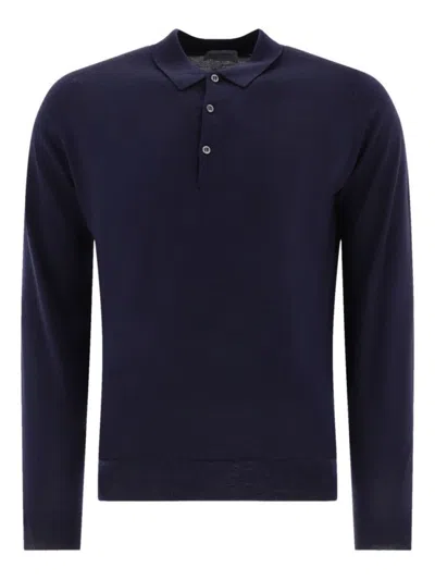John Smedley Classic Navy Wool Long Sleeve Polo With Ribbed Cuffs In Black